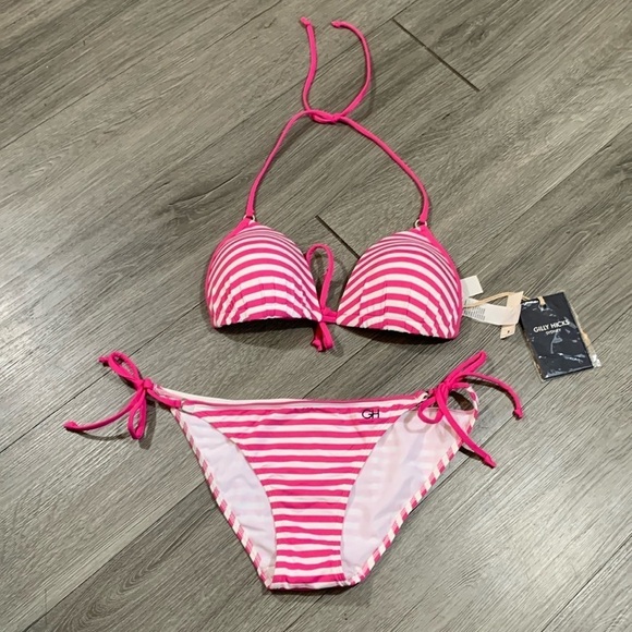Gilly Hicks Two Piece Pink & White Stripe Bikini top in NWT Bottom is NWOT - Picture 1 of 11